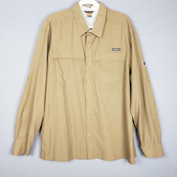 Eddie Bauer Mens XL Long Sleeve Vented Button Up Camp Shirt Beige Plaid Gorpcore - Picture 1 of 11